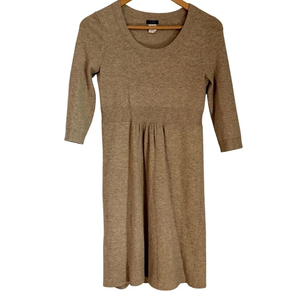 J.Crew Wool Cashmere Knit Sweater Dress Size XS Tan Empire Waist Preppy Academia